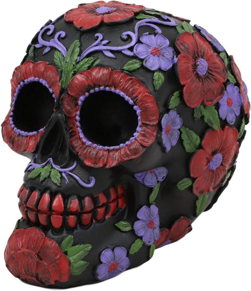 Ebros Black Day of The Dead Floral Blooms Sugar Skull Figurine DOD Skulls Statue 6" Long As Halloween Ossuary Macabre Decor Collectible (Summer Re...