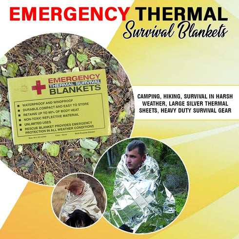 (4 Pack Emergency Thermal Survival Blankets, Mylar Blankets for Outdoor, Camping, Hiking, Survival, Large Silver Thermal Sheets, Heavy Duty Gear (...