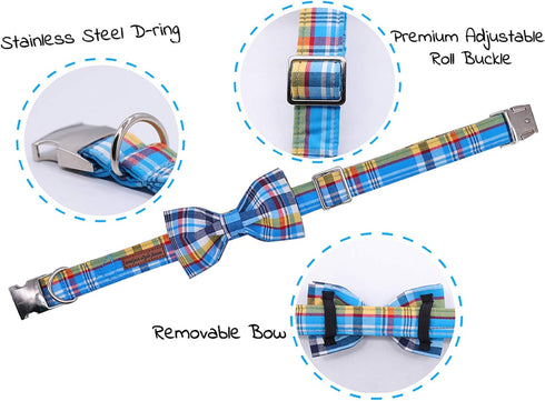 Unique style paws Plaid Dog Collar with Bow Pet Gift Adjustable Soft and Comfy Bowtie Collars for Small Medium Large Dogs...