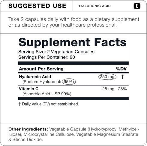 Ultra High Purity Hyaluronic Acid Capsules - 95%+ Highly Purified and Highly Bioavailable - 275mg Formula - Non-GMO Fermentation - High Strength w...