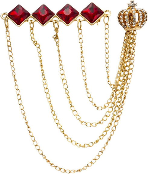 Knighthood Brooch Pin Diamond Cut Red Stone Bar with Hanging Chains and Gold Crown Lapel Pin Accessories for Men Women...