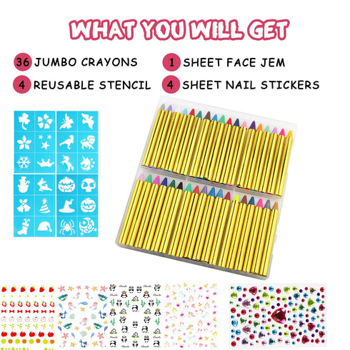 Bowitzki Face Paint Crayons for Kids 36 Jumbo Body Painting Marker Sticks Makeup Crayon Kit For Party Christmas Halloween with Face Painting Stenc...
