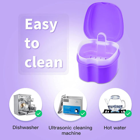 Denture Soaking Cup Dental Retainer Case Cleaning with Strainer Basket, Orthodontic Bath Box Mouthguard Storage Holder - Purple...