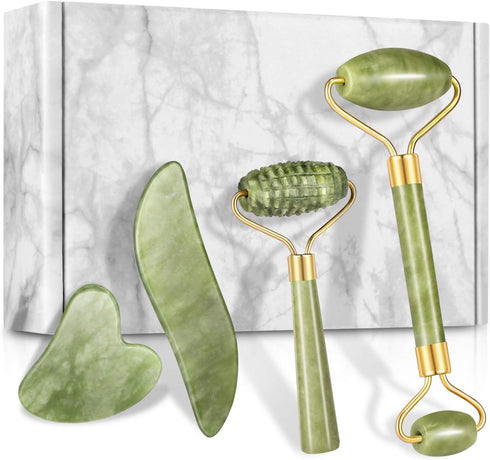 4-pcs Jade Roller & Gua Sha Set, Facial Roller Massager with Gua Sha Scraping Tool, Jade Stone Massager for Anti-aging, Slimming & Firming, Rejuve...