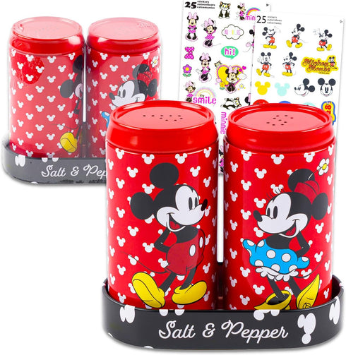 Mickey Mouse Kitchen Accessories - Mickey and Minnie Kitchen Accessories Bundle Includes Red Mickey and Minnie Salt and Pepper Shakers Plus Sticke...