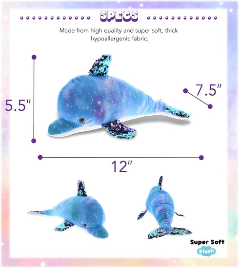 DolliBu Dolphin Space Sequin Plush - Dolphin Stuffed Animal Reversible Sequin Plush, Space-Themed Cute Stuffed Animals for Girls and Boys, Perfect...