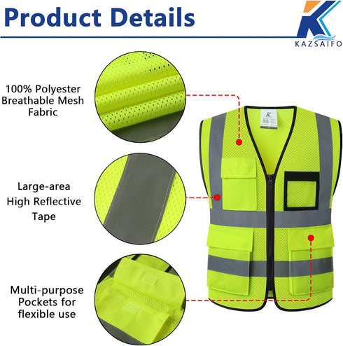 Reflective Safety Vest for Men Women with 8 Pockets and Zipper High Visibility Mesh Construction Work Vest Meets ANSI/ISEA Standards (KZ170-Yellow...