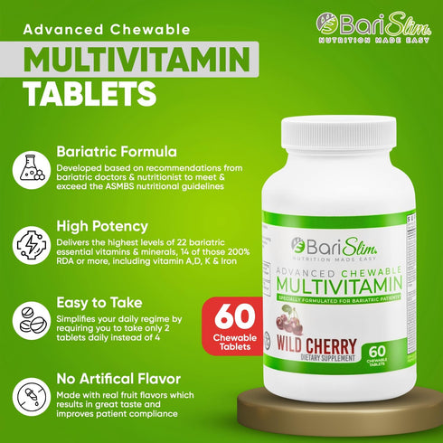 BariSlim Advanced Chewable Bariatric Multivitamin Tablets - Bariatric Vitamin and Supplement for Post Bariatric Surgery Including Gastric Bypass a...