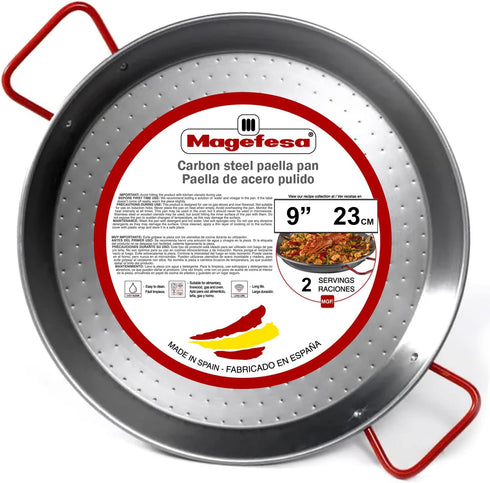MAGEFESA® Carbon - paella pan 9 in - 23 cm and 1 Servings, made in Carbon Steel, with dimples for greater resistance and lightness, ideal for cook...