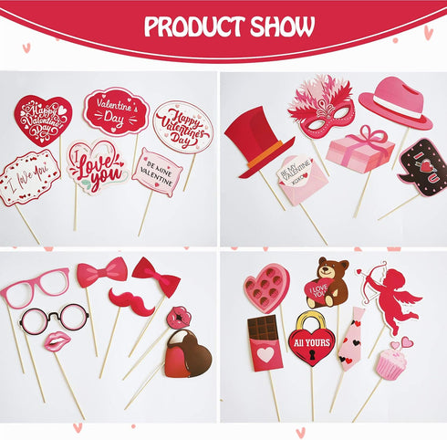 Valentines Day Photo Booth Props Kit, 28PCS Photography Props, Funny DIY Picture Selfie Accessories for Valentine’s Day Wedding Party Suppliers Fa...