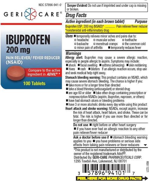 GeriCare Ibuprofen 200mg, Pain Reliever, Fever Reducer, Relieves Body Aches, 100 Count (Pack of 1)...