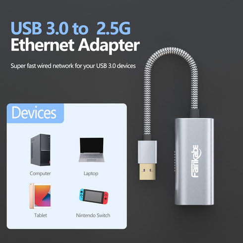 2.5G USB to Ethernet Adapter, USB 3.0 to RJ45 Ethernet Adapter, Gigabit LAN Adapter for Nintendo Switch, Xbox 360, Laptop, Computer, Mac, Chromebo...