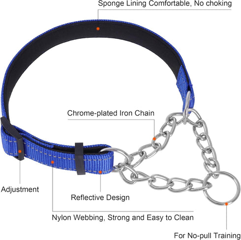 1 PC Pet Martingale Dog Collar with Stainless Steel Chain No Slip Dog Collar Reflective Nylon Adjustable Collar for Puppy Medium Large Dogs (Blue,...