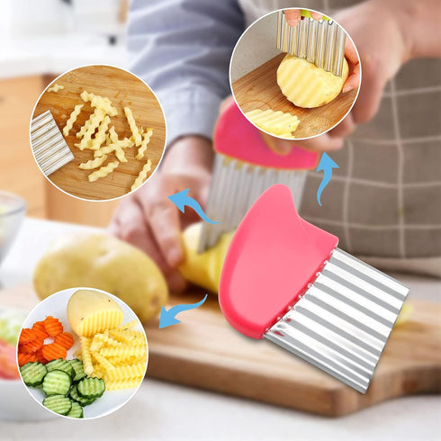 Luomorgo Stainless Steel Potato Crinkle Cutter Knife Carrot Wavy Knife French Fry Slicer Vegetable Wavy Chopper Knife, Pink...