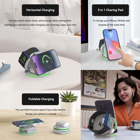 DREU 3 in 1 Wireless Charging Station, Foldable Charging Pad, Compatible with MagSafe for Multiple Devices for iPhone 15/14/13/12/11/XS/Pro Max/X/...