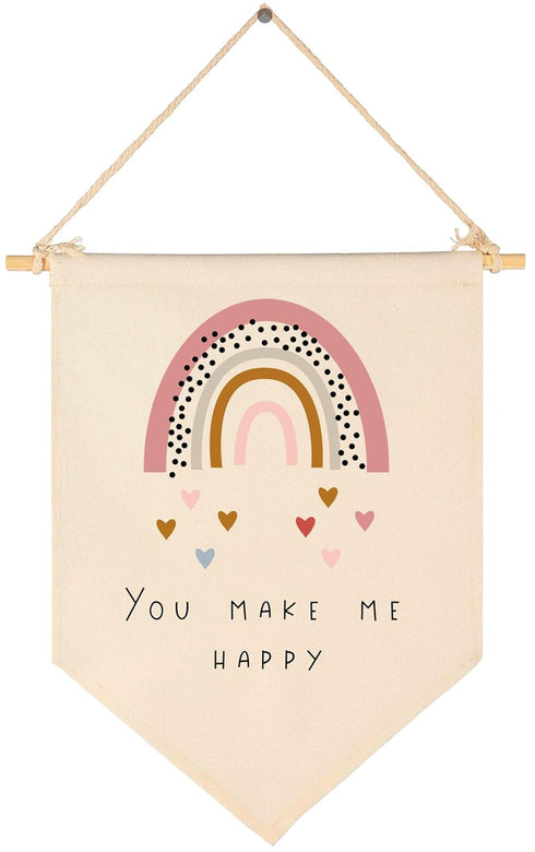 You Make Me Happy,Rainbow,Heart -Canvas Hanging Flag Banner Wall Sign Decor Gift for Baby Kids Girl Boy Nursery Teen Room Front Door...