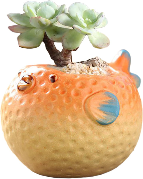 Cute Animal Ceramics Planter, Big-bellied Pufferfish Cartoon Succulent Pot Small Plant Pot for Mini Plants Flower Cactus-Plants Not Included...