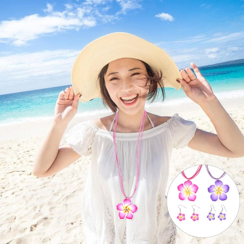 PRETYZOOM Hawaiian Leis 2 Sets Hawaii Theme Jewelry Set Simulation Clay Plumeria Flower Pendant Necklace Earrings Set Summer Beach Party Costume A...
