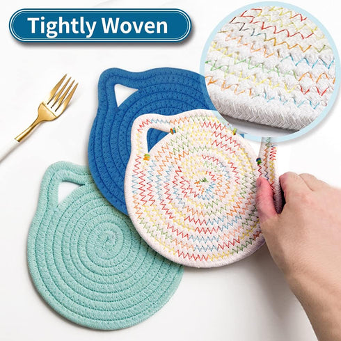 7" Cotton Trivets Set, 3Pcs Cute Cat Ear Pot Holders Woven Hot Pads Mats Thick Heat Resistant for Hot Pots and Pans Round Hot Plate Holder Washabl...
