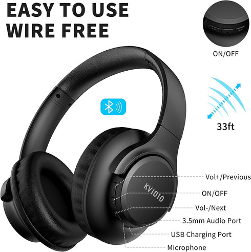 KVIDIO [Updated Bluetooth Headphones Over Ear, 65 Hours Playtime Wireless Headphones with Microphone,Foldable Lightweight Headset with Deep Bass,H...