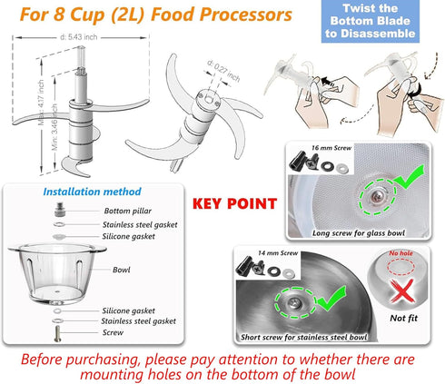 Full Steel Food Processor Blade Plastic-Free Chopping Blade for 8 Cup(2L) Bowl, Compatible with Syvio HOMEASY KOIOS HOVOBO Kitchen-in-the-box and ...