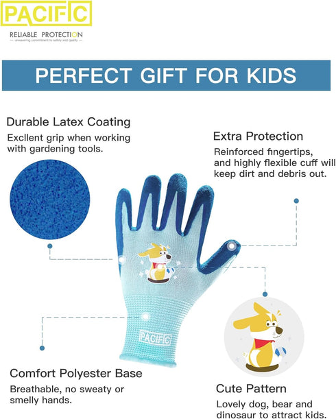 PACIFIC 3 Pairs Kids Gardening Gloves for Age 8-12, Toddler Rubber Coated Garden Gloves, Kids Work Gloves, for Children, Boys and Girls, Multicolo...