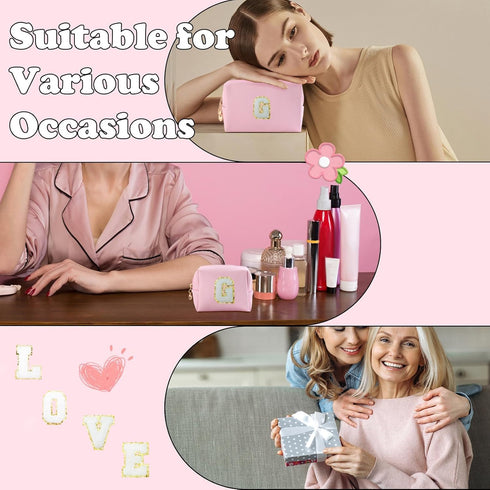 Personalized Initial Letter Makeup Bag Preppy Patch Bag, 2Pcs Waterproof PU Leather Chenille Letter Cosmetic Bag, Pink Travel Makeup Bag with Zipp...
