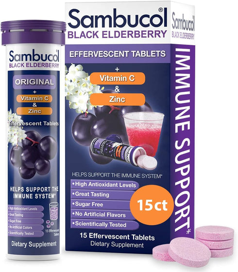 Sambucol Black Elderberry Effervescent Tablets - Elderberry with Zinc and Vitamin C for Adults, Elderberry Dissolving Tablets, Berries - 15 Count...