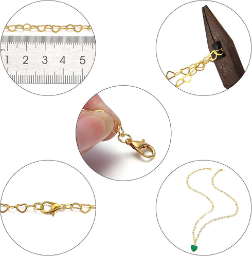 Forise 30 Feet Gold Plated 3mm Heart Chains for Jewelry Making DIY Heart Brass Link Unfinished Chains Set with 20Pcs Lobster Clasps 50Pcs Jump Rin...