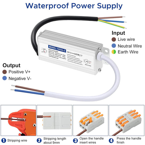 Waterproof IP67 LED Driver Power Supply 12V 24W 2A, 110V AC to 12V DC Converter, Ideal for Indoor and Outdoor, Marine, and Industrial LED Lighting...