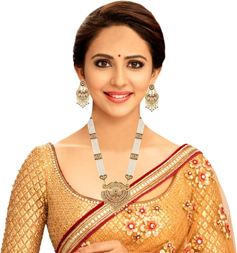 Designer Premium Hydrabadi Indian Faux Pearl Long Multicolor Necklace Jewellery Set for Women...