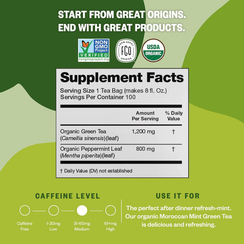 FGO Organic Moroccan Mint Green Tea, 100 Count, Eco-Conscious Tea Bags, Resealable Bag, Packaging May Vary (Pack of 1)...