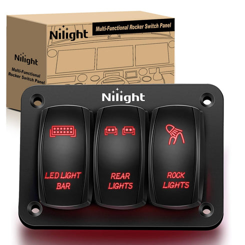Nilight - 90128C 3 Gang Rocker Switch Panel Aluminum 5 Pin ON Off Toggle Switch Panel Pre-Wired Rocker Switch SPST 12V 24V Switches for Marine Boa...