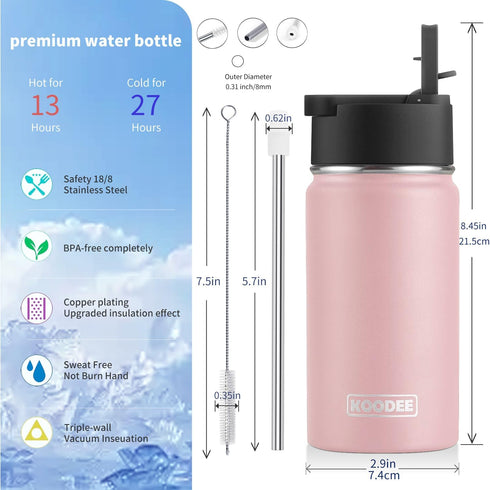 koodee 12 oz Stainless Steel Water Bottle, Double Wall Vacuum Insulated Wide Mouth Flask with Wide Handle Straw Lid (Light Pink)...