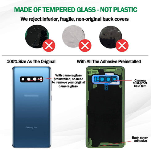 Galaxy S10 Replacement Back Glass Panel Case with Installation Manual + Pre-Installed Camera Lens + All The Adhesive + Repair Tool Kit for Samsung...