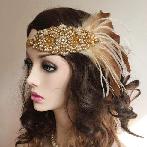 Asooll 1920s Feather Headband Gold Vintage Crystal Flapper Headpiece Headdress Prom Head Accessories for Women and Girls...