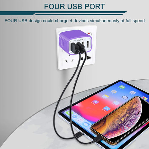 Wall Charger, USB Charger Adapter, AILKIN 4.8A 4Multi Port Fast Charging Station Power Base Block Plug Cube Brick for iPhone, iPad, Samsung Galaxy...