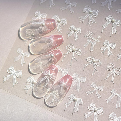 5D Embossed White Lace Bowknot Nail Art Stickers Pearl Bow Nail Stickers for Nail Art Supplies Retro Relief Bow Nail Decals Self-sdhsive Bow Stick...