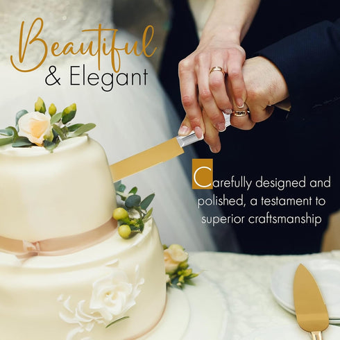 Cake Knife and Server Set, Cake Cutter and Pie Spatula, Gold Blade and Faux Crystal Handle Wedding Cake Cutting Set, Stainless Steel Gold Knife Se...