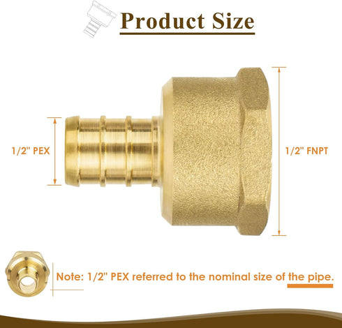 JUWO PEX Fitting, 1/2" Female NPT to 1/2" PEX Adapter for Plumbing Repairs or Remolding, Sturdy and Durable Brass Crimp Fitting (12 Pack)...