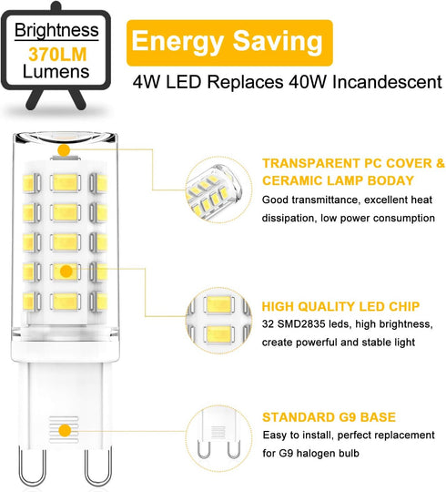 G9 LED Light Bulb 4W, 40 Watt G9 Halogen Equivalent, 6000K Daylight White, G9 Bi Pin Base Bulbs for Chandeliers, 360° Beam Angle, 120V, 370LM, CRI...
