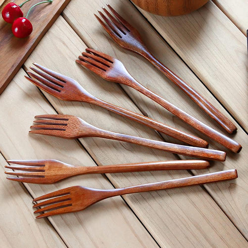 Forks,Wooden Forks, AOOSY 6 Pieces Eco-friendly Japanese Wood Salad Dinner Forks Wooden Forks Set Reusable Handmade Natural Wood Flatware Set for ...