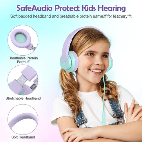 Kids Headphones, Wired Headphones for Kids Over Ear with Microphone, 85/94dB Volume Limiter Headphones for Girls Boys with Sharing Jack, Foldable ...