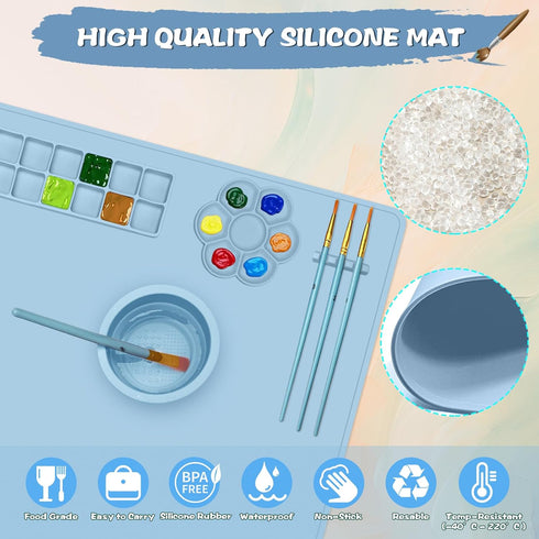 Qoolife Silicone Painting Mat with Cup, 23.6"*15.7" Silicone Art Mats for Crafts with 10 Brushes, 12 Color Dividers, Collapsible Erasable Washable...