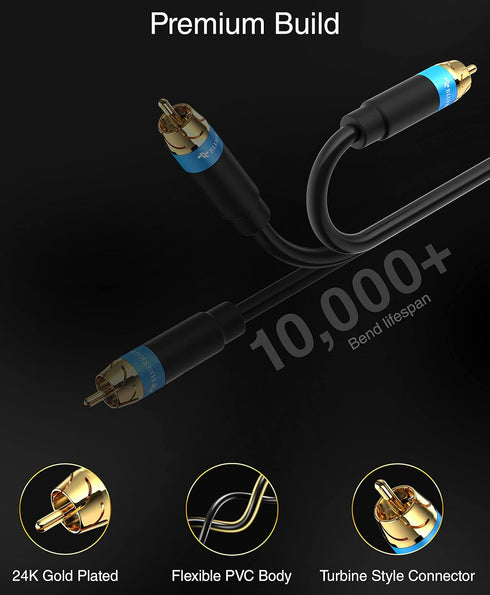 BlueRigger RCA Audio Subwoofer Cable (10FT, Dual Shielded with Gold Plated RCA to RCA Connectors) – for Subwoofer, Amplifier, Home Theater...