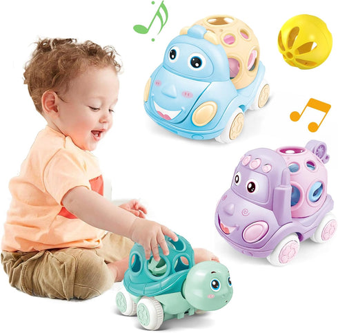 Tepear Baby Toy Car, Rattle & Roll Cars for Toddler Aged 1-3, Push and Go Toys with Soft Rubber 6-12 Month Infant, 3PCS Friction Powered Truck, Ba...