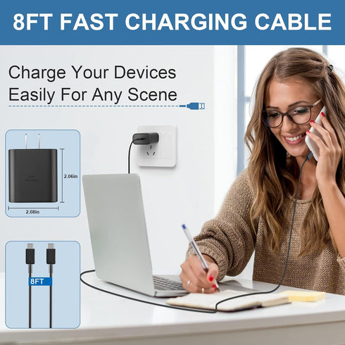 45W Samsung Super Fast Type C Charger with 8 FT Cable for Galaxy S23/S23 Ultra/S23+/S22 Ultra/ S22+/S22, Note 10 +/Note 20/S20/S21/S10, Galaxy Tab...