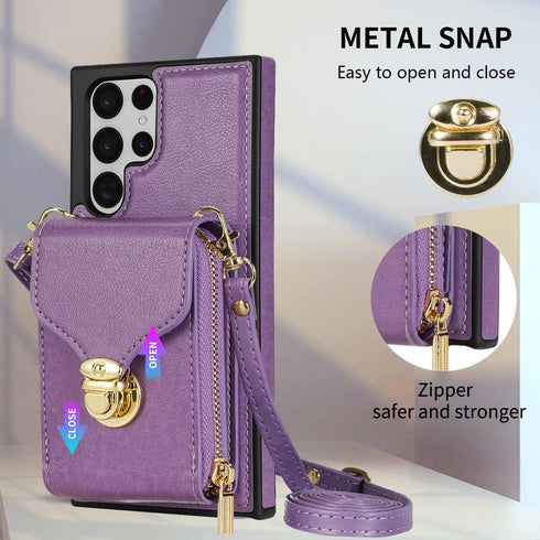 Compatible with Samsung Galaxy S21 Ultra 5G Wallet Case Crossbody Strap Leather Zipper Credit Card Holder Clasp Stand Cell Accessories Phone Cover...