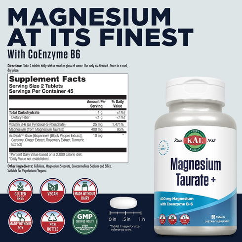 KAL Magnesium Taurate 400mg Plus CoEnzyme Vitamin B6, Chelated Magnesium Supplement, Healthy Muscle Function, Nerve and Heart Health Support, Glut...