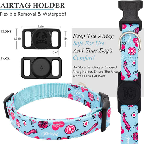 Airtag Dog Collar, HSIGIO Adjustable Dog Collar Nylon Floral Dog Collar with Waterproof & Removable Airtag Holder, Ultra-Soft GPS Tracker Dog Coll...